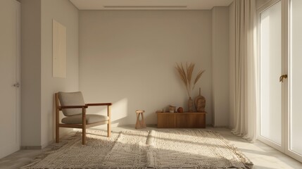 Poster - A room with a chair and a vase on a table. The room is empty and has a simple, minimalist design