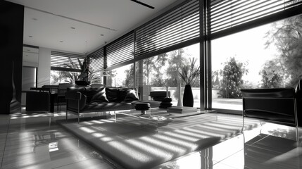 Poster - A large living room with a black couch and a black chair. The room is well lit and has a modern feel