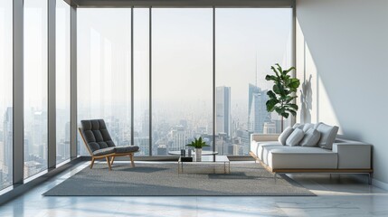 Poster - A large, open living room with a view of the city. The room is furnished with a couch, a chair, and a coffee table. A potted plant is placed on the coffee table, and a vase is on the floor