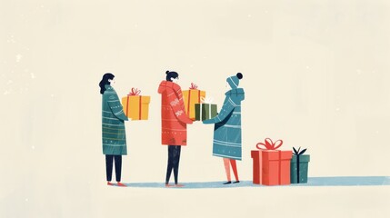 A festive holiday gift exchange with friends exchanging neatly wrapped presents in a minimalist style, celebrating tradition and joy during the season