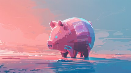 Poster - A futuristic minimalist drawing of a savings piggy bank surrounded by digital coins in a serene, colorful environment