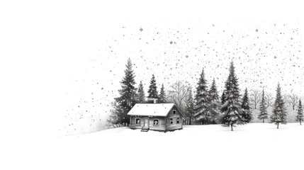 Aufkleber - Cozy winter cabin nestled in a snowy landscape, surrounded by tall pine trees in a serene, minimalist winter retreat