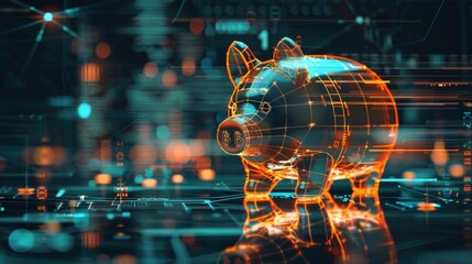 Poster - Stylish minimalist drawing of a futuristic savings piggy bank surrounded by digital coins and clean lines representing modern finance concepts