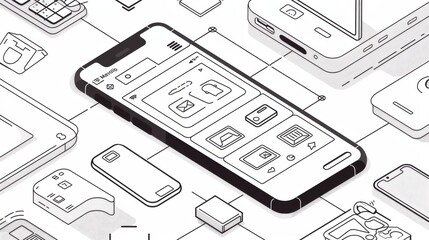 Aufkleber - Minimalistic line art of a smartphone featuring a secure payment app with a clean interface and safe design elements