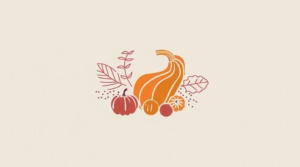Poster - Minimalistic line art of a Thanksgiving cornucopia featuring stylized gourds and autumn leaves celebrating the holiday spirit
