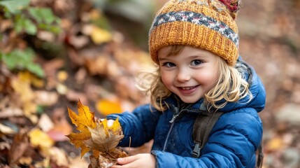 Poster - A young girl is holding a leaf in her hand and wearing a yellow hat