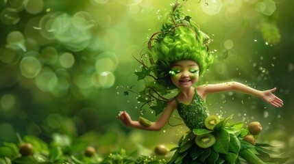 Poster - A young girl with a green dress and green hair is dancing in a field of green grass. She is surrounded by various fruits, including kiwis, and she is having a joyful time