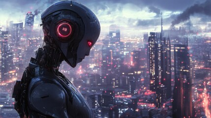 Aufkleber - A robot stands in front of a city skyline