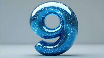 Wall Mural - A glossy blue number nine with glitter, set against a simple background.