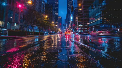Poster - A city street at night with cars driving by and the street lights reflecting on the wet pavement. Scene is calm and peaceful, as the rain creates a serene atmosphere