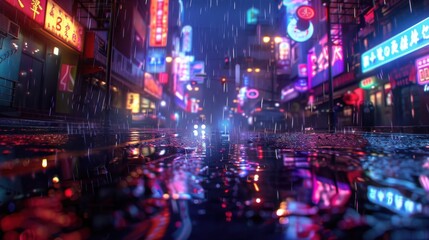 Poster - A neon city street with rain falling on it. The neon lights of the buildings are reflected in the water