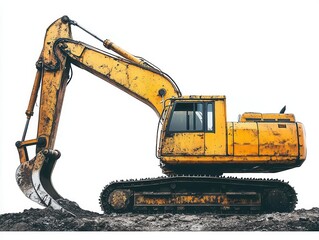 yellow excavator positioned against a white background, showcasing its heavy-duty machinery features designed for earthmoving, mining, and construction activities