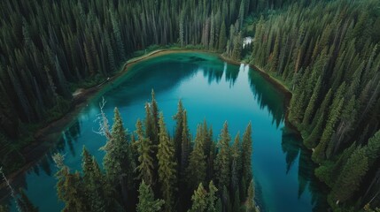 Poster - A beautiful blue lake surrounded by trees. The water is calm and clear, reflecting the trees and sky. The scene is peaceful and serene, with the trees providing a sense of tranquility