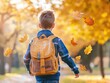© Bijac - young boy with a backpack walking towards school, autumn leaves swirling around him, capturing the essence of adventure and the excitement of back-to-school season