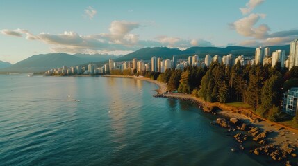 Poster - The image captures a stunning view of a city and ocean, with a few boats floating in the water. The city is located on a peninsula, with a large body of water in front of it. The sky is clear and blue