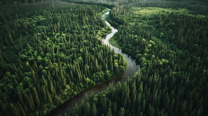 Poster - A river runs through a forest with trees on both sides. The trees are tall and green, and the river is calm and peaceful. Concept of tranquility and serenity