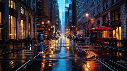Poster - A city street at night with a red umbrella on the sidewalk. The street is wet and the lights from the buildings reflect on the water