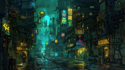 Poster - A city street with neon signs and a man walking down the street. Scene is dark and mysterious