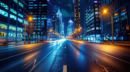 Poster - A city street at night with tall buildings and bright lights. The street is empty and the lights are on, creating a sense of calm and serenity. The buildings are illuminated