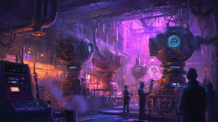 Poster - A futuristic industrial setting with a group of people standing around