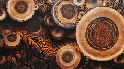 Poster - A collection of large, round wooden logs, some of which are cracked and weathered. Scene is rustic and natural, with the logs appearing to be part of a larger, organic whole