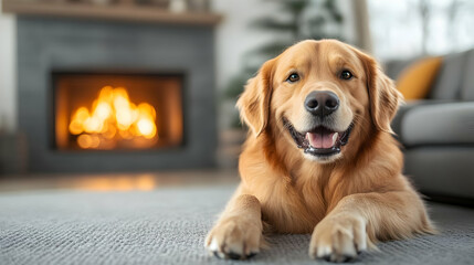 Poster - A happy golden retriever relaxing by a cozy fireplace.