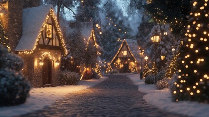 Serene winter village adorned with twinkling lights, snow-covered houses, cobblestone streets glowing with holiday decorations, capturing festive magic.