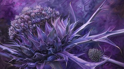 Poster - A beautiful purple flower with a purple stem is the main focus of the image. The flower is large and vibrant, with a deep purple hue that stands out against the purple stem. The stem is thin