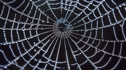 Poster - A spider web with many small beads of water on it. The beads of water are scattered throughout the web, creating a shimmering effect. The spider web is a beautiful and intricate design