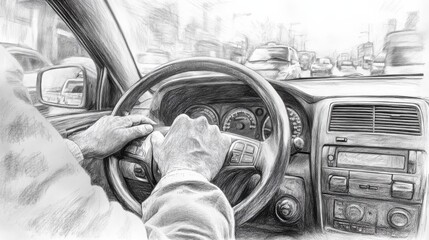 Poster - A man is driving a car with his hands on the steering wheel