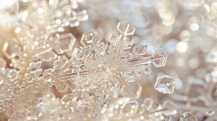 Poster - A snowflake is shown in a close up, with its intricate design and sparkling appearance. Concept of wonder and beauty, as well as the delicate nature of snowflakes