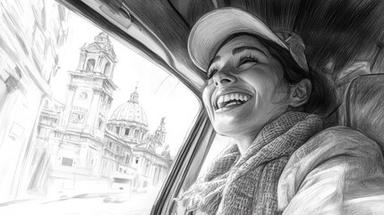 Poster - A woman is smiling in a car window, looking out at a city