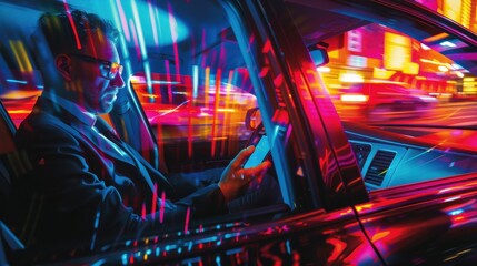 Poster - A man in a suit is driving a car and talking on his cell phone. The scene is set in a city with bright lights and a busy street. The man is focused on his phone
