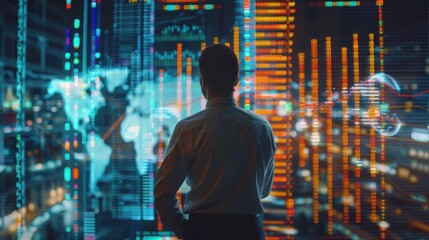 Leinwandbilder - A man stands in front of a computer screen with a map of the world and a city skyline. The man is looking at the screen with a serious expression