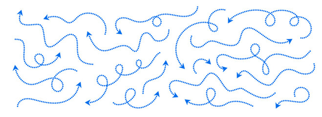Poster - Comic dotted thin arrow set. Blue curved dashed pointer collection. Squiggle sketchy direction lines. Dots squiggle loop stripe design elements bundle for flyer, poster, brochure, banner. Vector