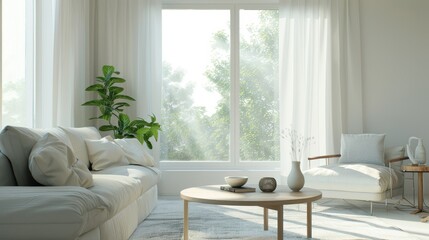 Poster - A living room with a white couch, a coffee table, and a vase. The room is bright and airy, with a large window letting in plenty of natural light. The white furniture and decor give the room a clean