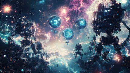 Poster - A space scene with a group of robots and a few spaceships