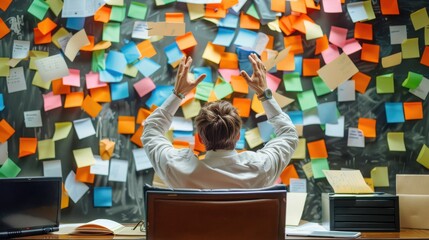 Poster - Office worker engaged in creative brainstorming surrounded by colorful sticky notes in a lively workspace during the day