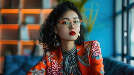 Aufkleber - An office worker wearing bold artistic attire poses confidently in a modern workspace filled with vibrant colors and stylish decor
