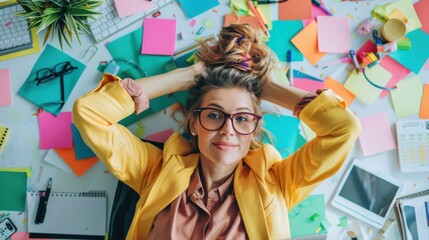 Poster - An office worker surrounded by colorful notes enjoys a moment of relaxation while planning her tasks in a bright workspace during the day