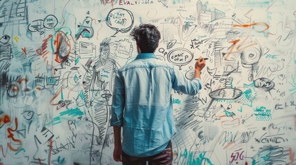 Aufkleber - An artistic office worker creatively illustrating on a cluttered wall in a contemporary workspace during daylight hours
