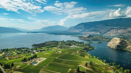 Poster - A beautiful landscape with a large body of water and a small town in the distance. The sky is clear and the sun is shining