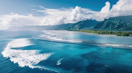 Poster - Surfers riding waves in the crystal blue ocean near the reef breaks of French Polynesia on a sunny day