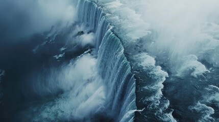 Poster - A waterfall is shown in the distance with a misty, cloudy sky in the background. The water is crashing down the side of a cliff, creating a powerful and majestic scene
