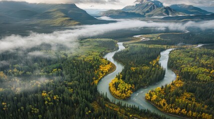 Poster - A beautiful river surrounded by lush green trees on both sides. The sky above is cloudy, creating a serene and peaceful atmosphere. The scene is breathtaking and evokes a sense of calmness