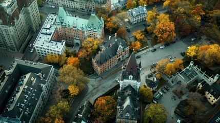 Aufkleber - A city view with many buildings and trees. The buildings are mostly brown and white