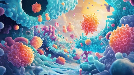 Poster - A colorful image of a cell with many different colored spheres