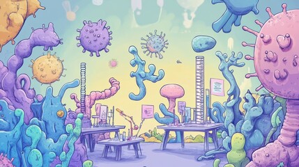 Aufkleber - A colorful cartoon of a lab with a ruler and a microscope