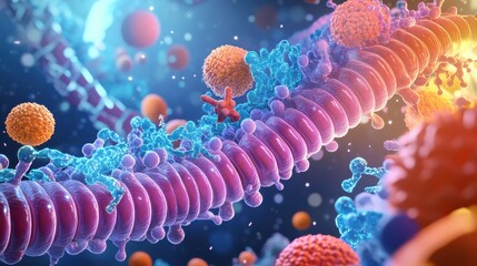 Poster - A colorful image of a cell with a pink and blue stem and a bunch of red
