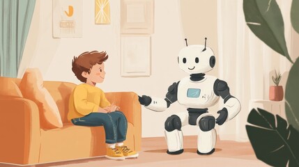 Aufkleber - A boy is sitting on a couch next to a robot